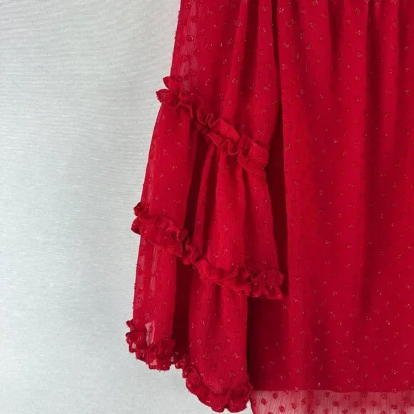 SAM &JESS RED OFF THE SHOULDER BLOUSE RUFFLED SHEER SWISS-DOT SLEEVES, SIZE S - Picture 4 of 8